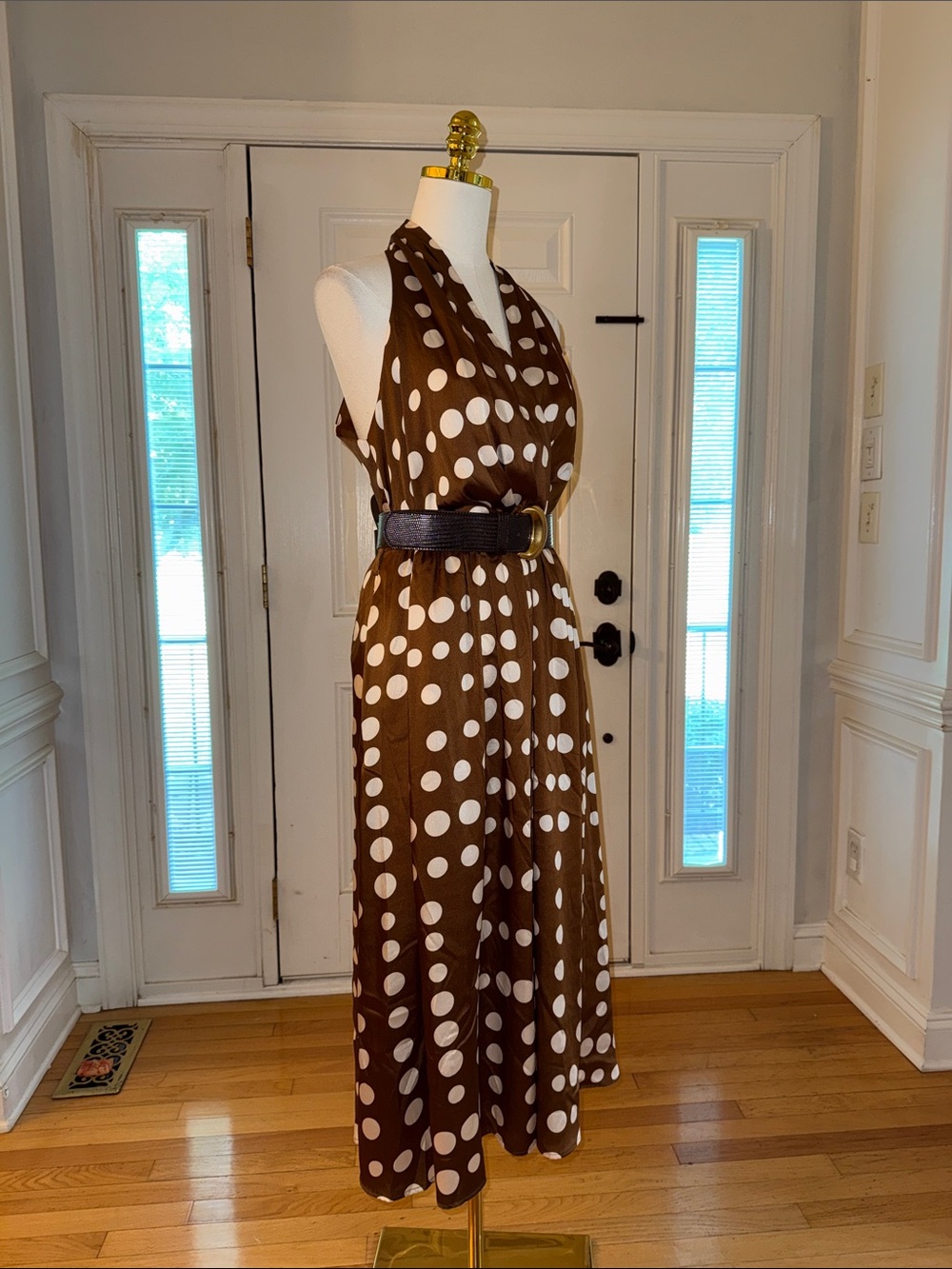 Donna Karan Brown and White Polka Dot Sleeveless Midi Dress - Picture 5 of 8